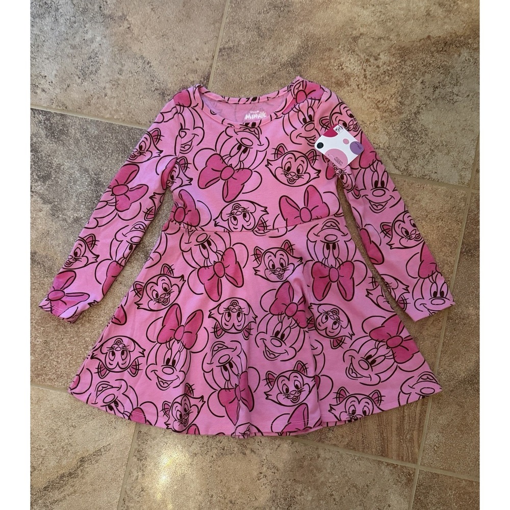 Disney Minnie Mouse Girls Pink Print Dress with Long Sleeve Size 12M NWT